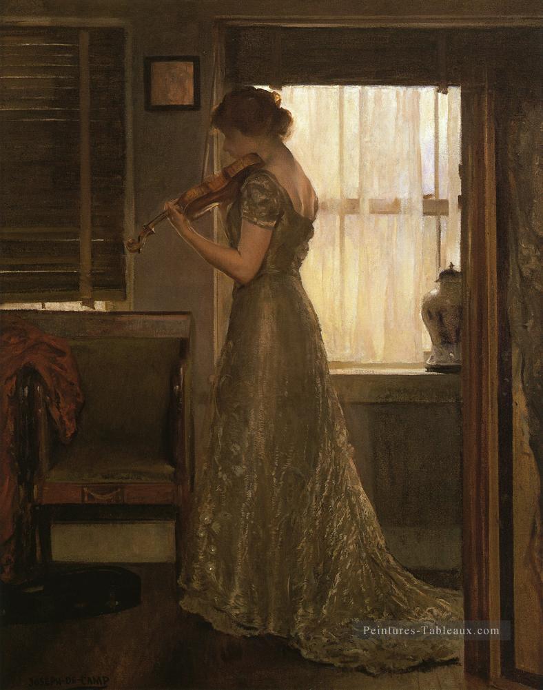 Le Violoniste alias La Violoniste au violon III tonalisme peintre Joseph DeCamp Peintures à l'huile